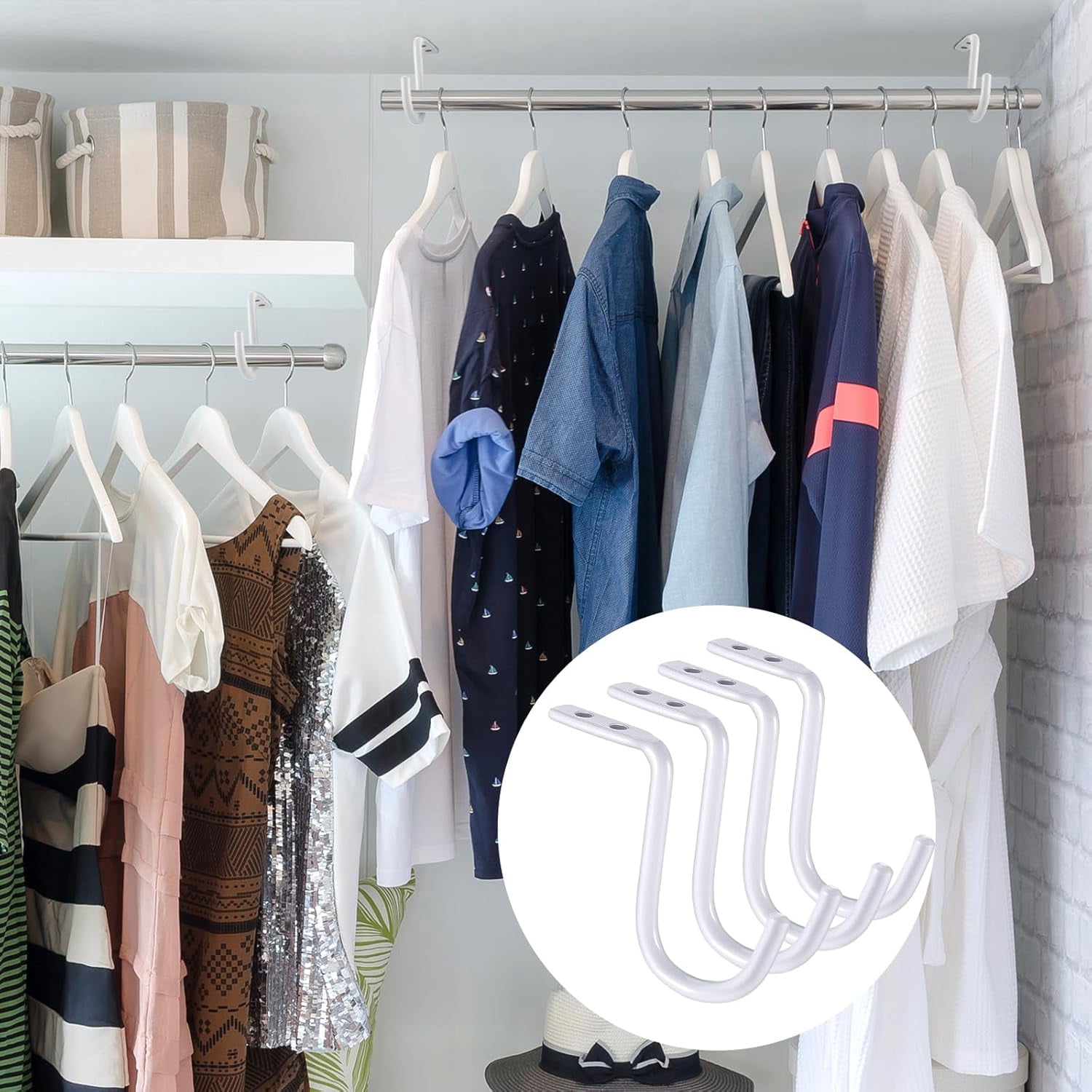 White Closet Rod Center Support 1 Inch Heavy Duty Metal Wall Mount Rod Bracket Closet Rod Support Bracket Clothes Storage Hanger for Shelf Closet Rod (10pcs)
