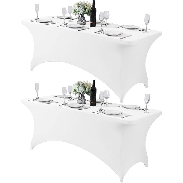 Paquete de 2 fundas de mesa de LICRA para mesa de 6 pies, mantel elástico ajustable Universal para fiestas, banquetes, bodas y eventos, color blanco