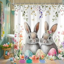 Spring Easter Bunny Shower Curtain, Cute Rabbits Eggs Floral Plant Flower Shower Curtain Set for Bathroom, Colorful Spring Holiday Fabric Bathtubs Decor with Hooks 69X70IN