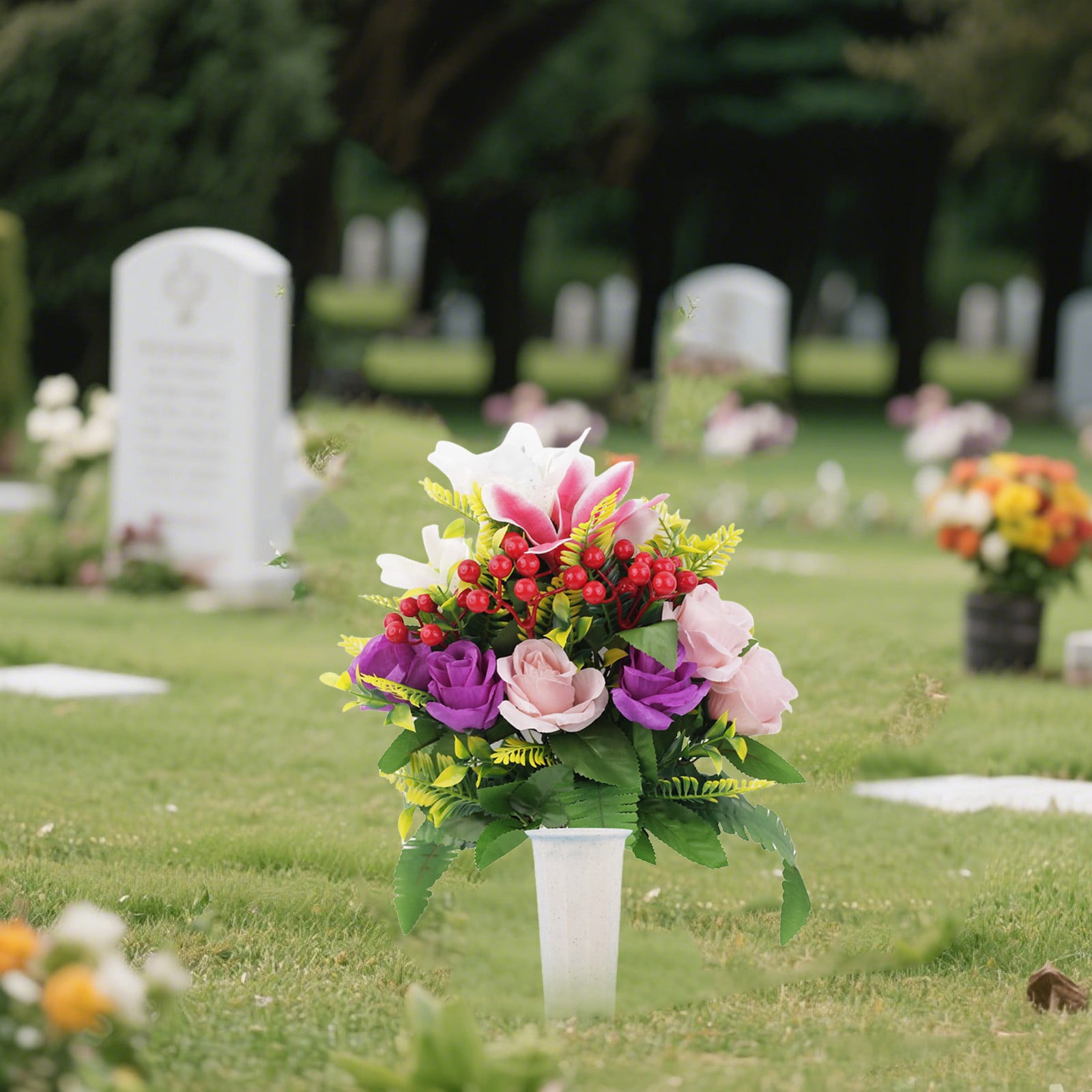 Artificial Cemetery Flowers with Vase,Set of 2 Artificial Rose Lily Bouquet Graveyard Memorial Flowers for Cemetery Headstones Decoration