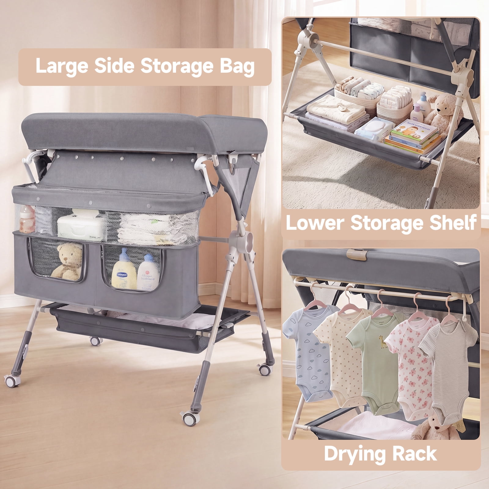 INFANS Portable Baby Changing Table with Wheels, Foldable Diaper Changing Station with Adjustable Heights, Large Organizer Storage for Newborn Infant