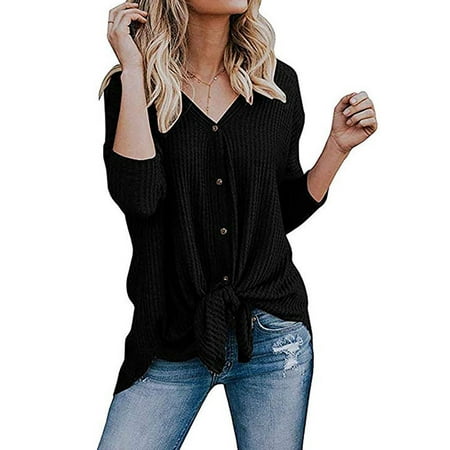 - Womens Waffle Knit Tunic Blouse Tie Knot Tops Loose Fitting Plain Shirts
