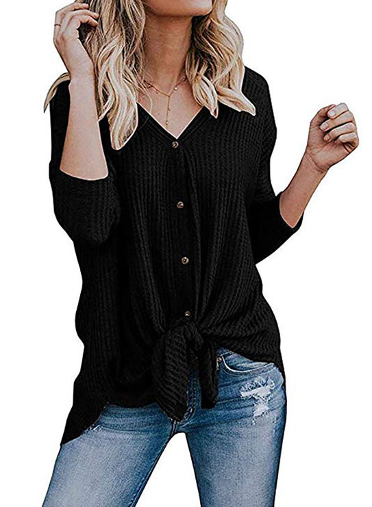 DonLeeving Women/'s Waffle Knit Tunic Blouse Tie Knot Tops Loose V-Neck Long Sleeve Shirts