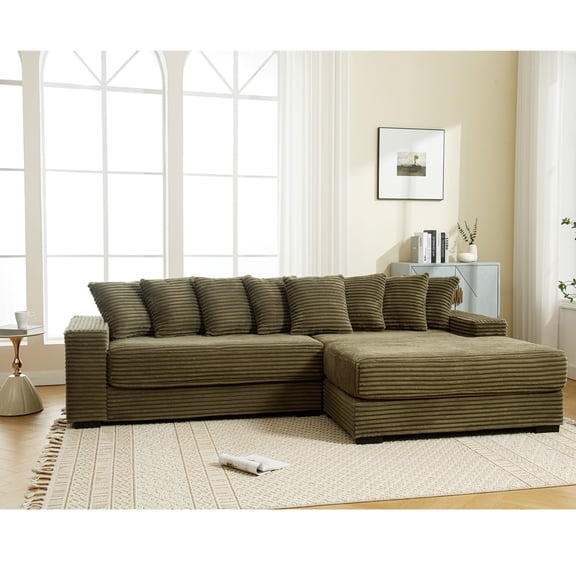 Oversized Two-Piece Couches, L Shaped Sofa, Corduroy, Right Chaise Daybed with Armrests, Eight Throw Pillows, Corner Sofa, Easy to Assemble (Green)
