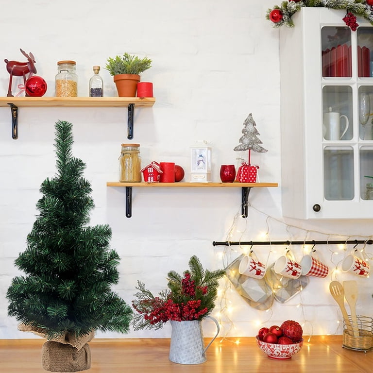 Set Of 3 Mini Tabletop Christmas Trees - 12 Inch Artificial PVC Pine Trees With Linen Base For Holiday Decor