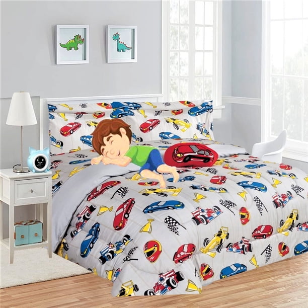 Edredón de 6 piezas para dormitorio infantil, niña y niño, tamaño doble, con diseño de coches de carreras, rojo, reversible, suave y esponjoso. Incluye 1 edredón, 1 funda, 1 sábana plana, 1 sábana
