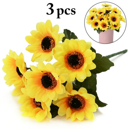 3 Bunches Artificial Flowers, Justdolife Fake Sunflowers Bouquet Plant Home Decoration for Wedding 7 Flowers Per Bunch, 3 Bunches Per Pack