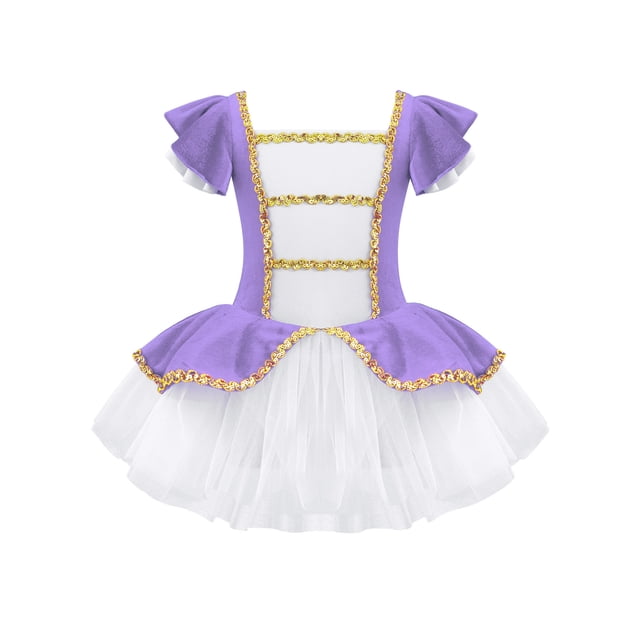 Lejafay Robe de Maître de Cirque pour Filles Col Carré Manches Courtes Combinaison Ornée Carnaval Scène Fête Déguisement Violet 4