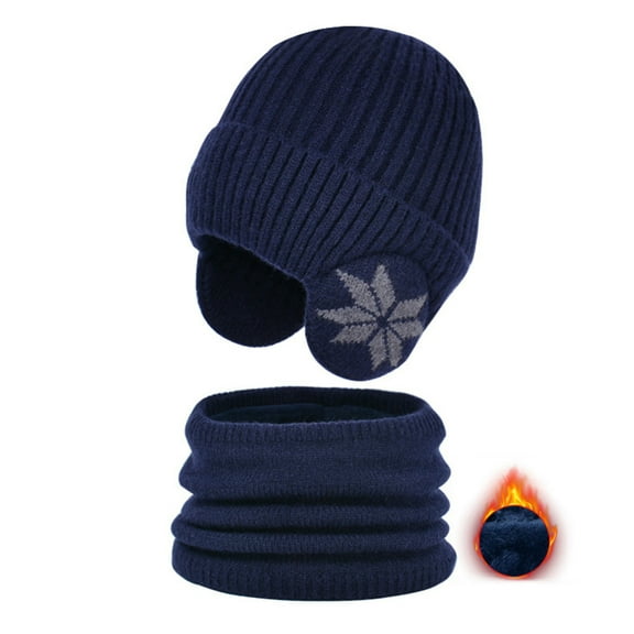 Hotiary Boys’ Winter Ear Protection Knitted Hat and Solid Color Velvet Neck Two-Piece Set for 3-7 Years Toddler Kids