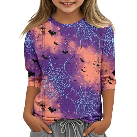 Abcomgle Girls Halloween T-Shirt Spooky Bat Spider Graphic Tshirts for Girls Crewneck 3/4 Sleeve Tshirts for Kids Fall Funny Cute Blouses for Girls 3-4 Years