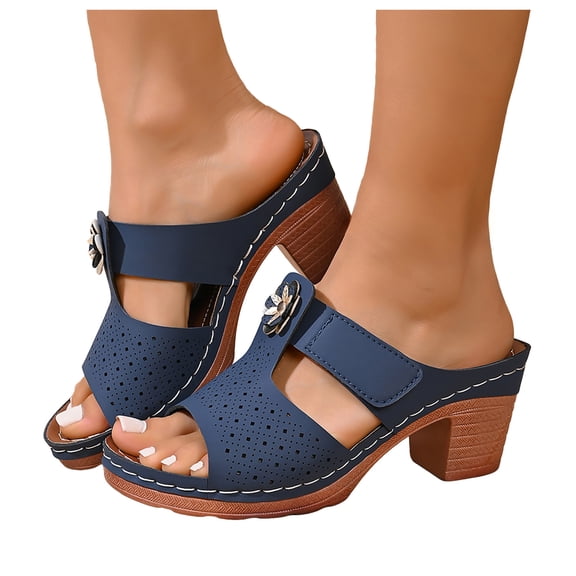 Slides for Women Chunky Heeled Mule Sandals Bohemia Flower Slip on Dress Shoes Nonslip Casual Summer Slippers Navy Size 9.5