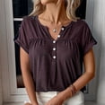 thumbnail image 3 of Short Sleeve Blouse Button V Neck Pleated Design Pure Color Casual Women Summer Top for Office Daily Shopping Brown M, 3 of 6