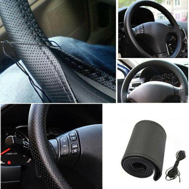 PU Leather DIY Car Steering Wheel Cover 38cm With Needles and Thread Black Red 