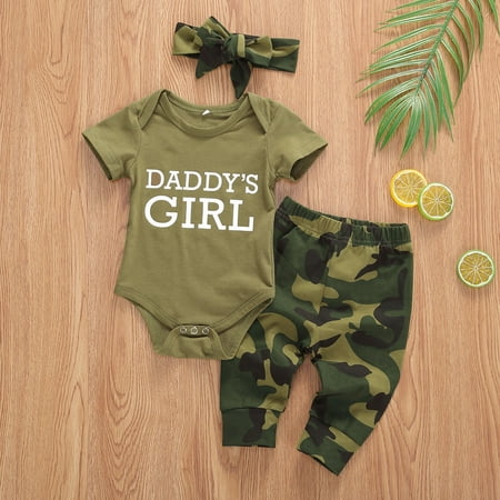 

Baby Boys Girls Short Sleeve Romper Tops Camouflage Long Pants Hat/Headband Outfit
