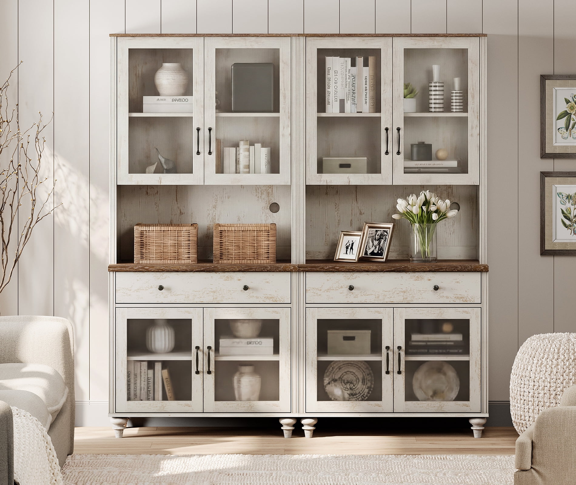 72.1"H × 67.7"W Bookcase with Glass Doors and Drawer, Large Farmhouse Bookcase with Bar Hutch, Suitable for Living Room, Bedroom, Home Office & Kitchen, Rustic white