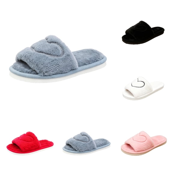 SAWOBUUN Womens Open Toe Fuzzy Slippers Non Slip Cozy Warm Plush House Slippers Heart Fluffy Soft Indoor Slide Slippers