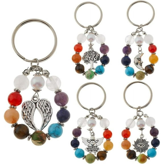 5Pcs 7 Chakra Gemstone Bead Pendant Keychain with Tibetan Style Alloy Charm for Car Key Bag Ornament Angel Mixed Shapes 7.7cm