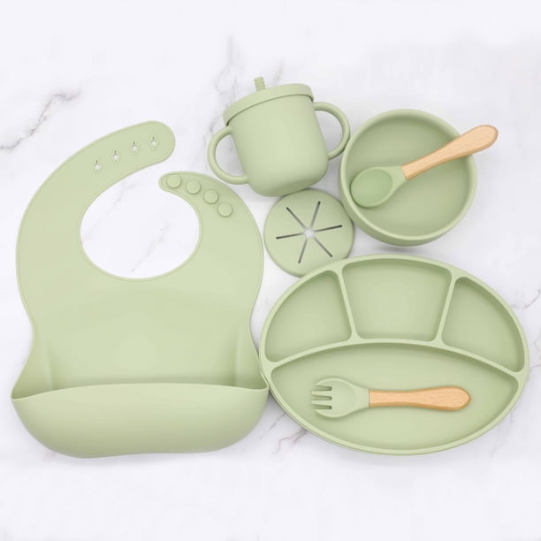 Babero de silicona para bebé, plato dividido, cuenco redondo, cuchara, tenedor, juego de taza sin tirantes para refrigerio dos en uno