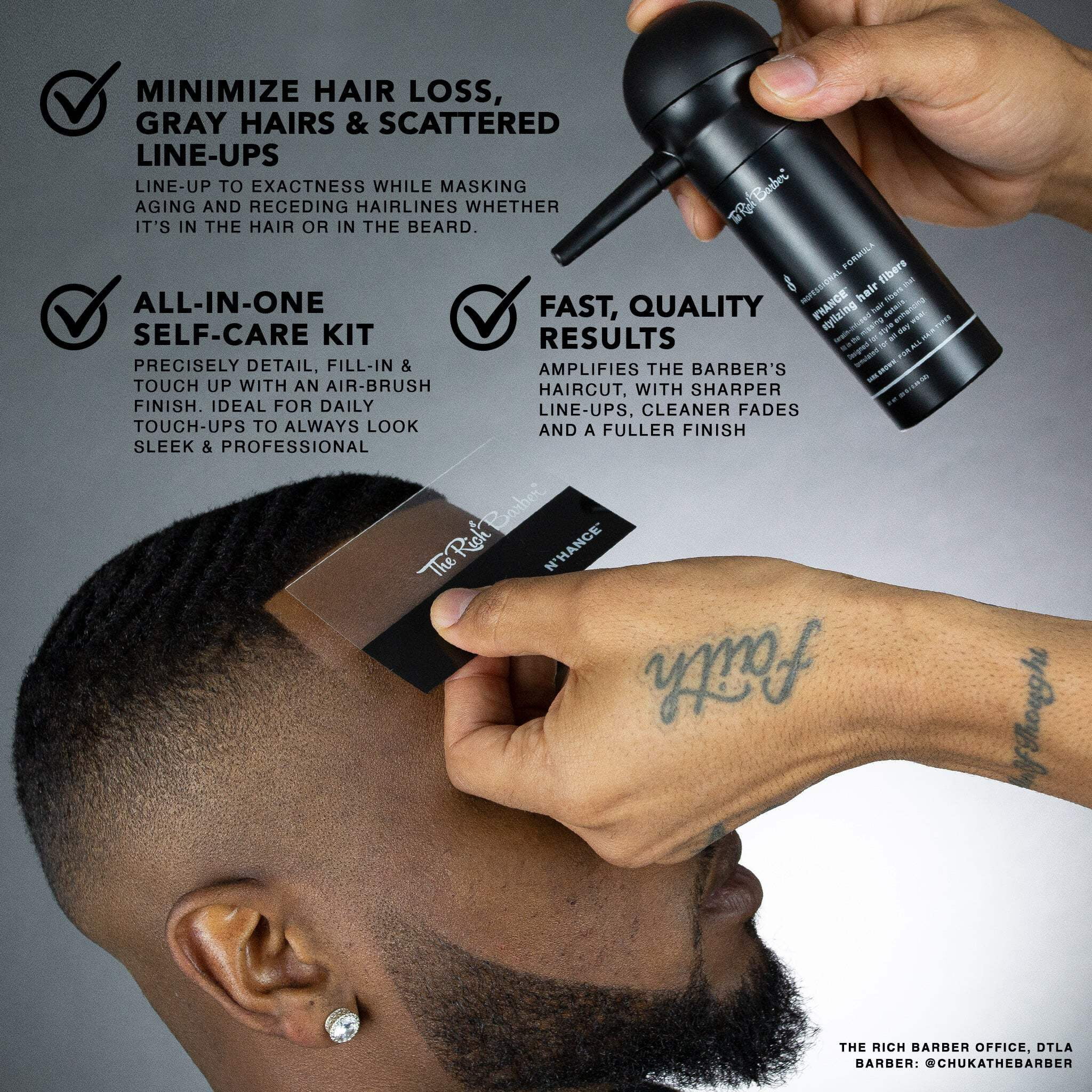 The Rich Barber N’Hance Hair Fibers & Applicator Pump Set | Natural Concealing Hair Thickening Fibers | Long-Lasting Spray with Accessory For Crisp Hairlines, A Thicker Beard & Styling (Black)