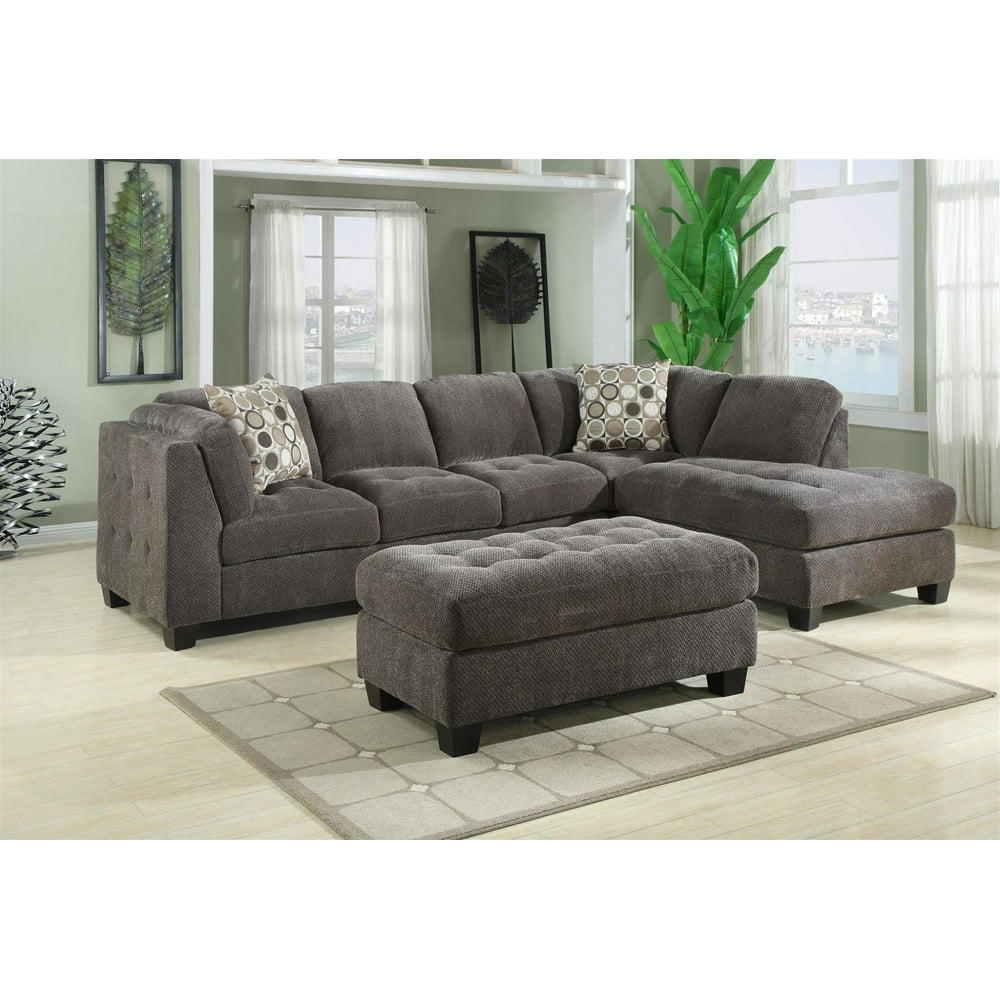 Emerald Home Trinton Gray Sectional with Block Feet And Button Tufted