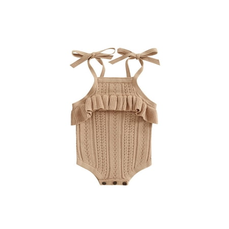 

Thaisu Baby girl summer onesie，solid color suspender round neck knitted bow short onesie，0-3Y