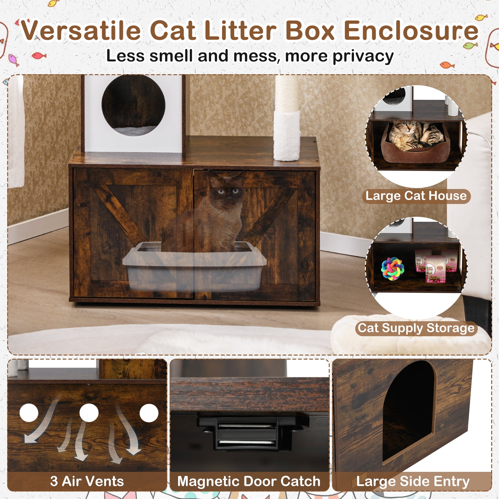 Gymax 59 inch Cat Tree w/ Litter Box Enclosure w/ Hidden Washroom Scratching Posts
