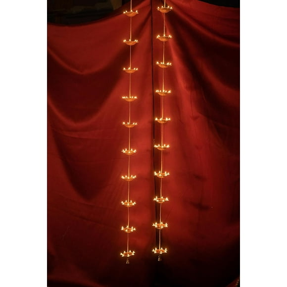 A Pair of Hanging Illuminating 10 Diyas with Bell at The end