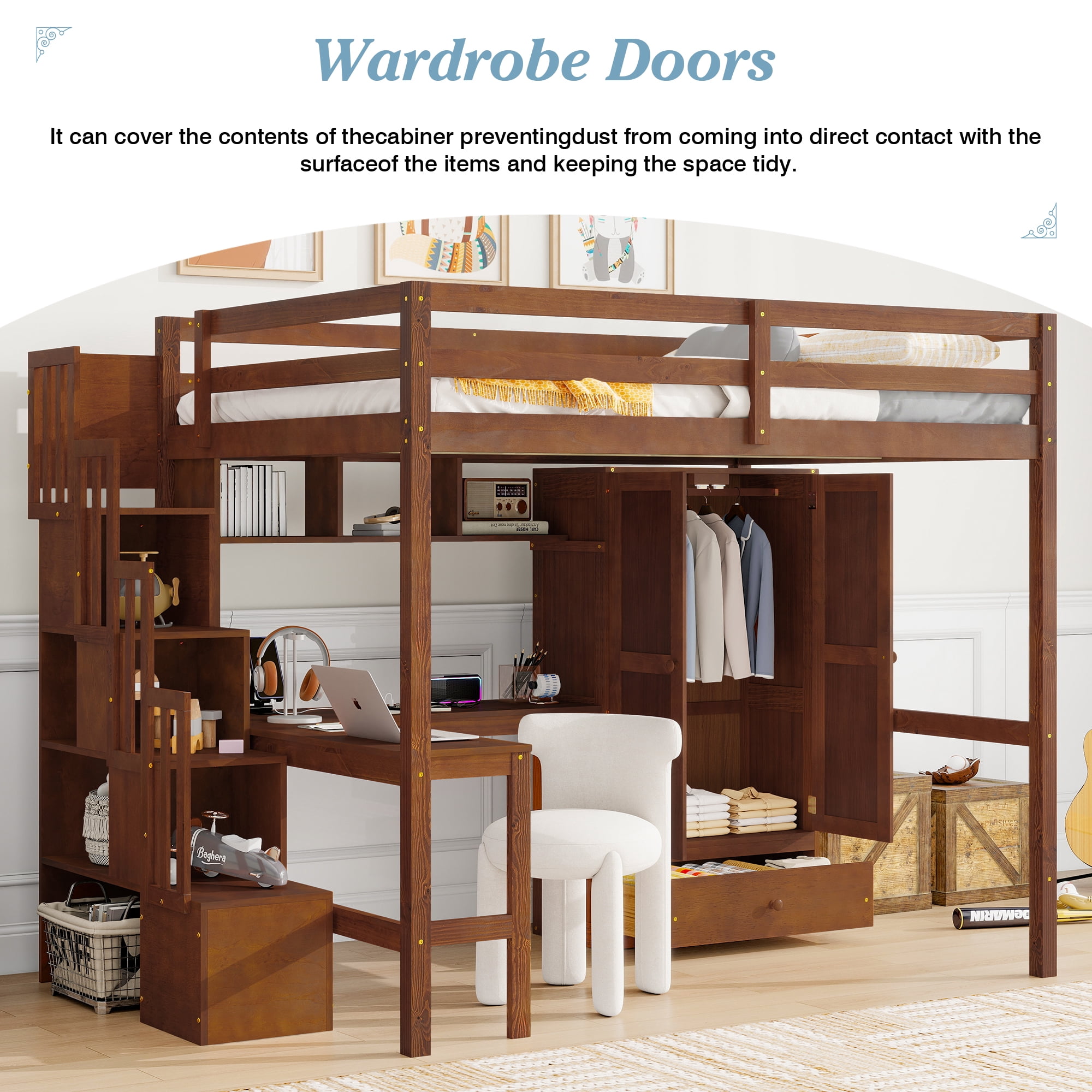 Mintazer Full Size Loft Bed with L-Shaped Desk & Wardrobe, Loft Bed with Storage Staircase & Charging Station, Walnut