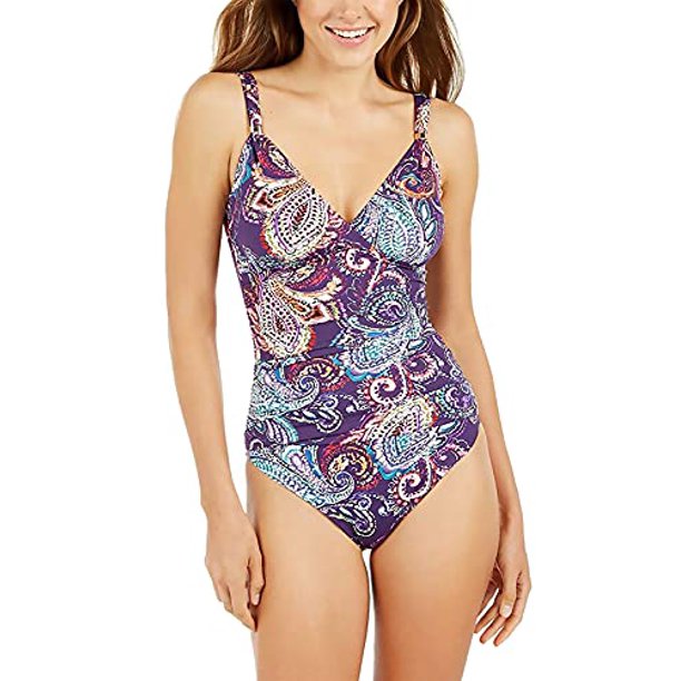 LAUREN RALPH LAUREN Tummy Control Captiva Paisley One-Piece Swimsuit,  Eggplant, Size 2 