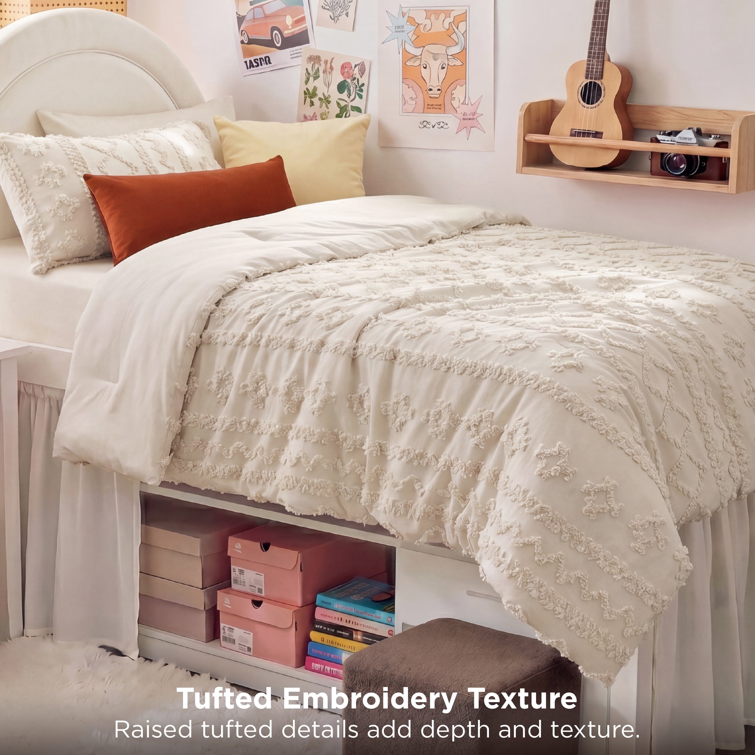 U by Bedsure Tufted Boho Twin XL Comforter Set, 2 Pieces Farmhouse Shabby Chic Embroidery Bedding Set, Soft Jacquard Beige Comforter for All Seasons, Twin, Oat Milk