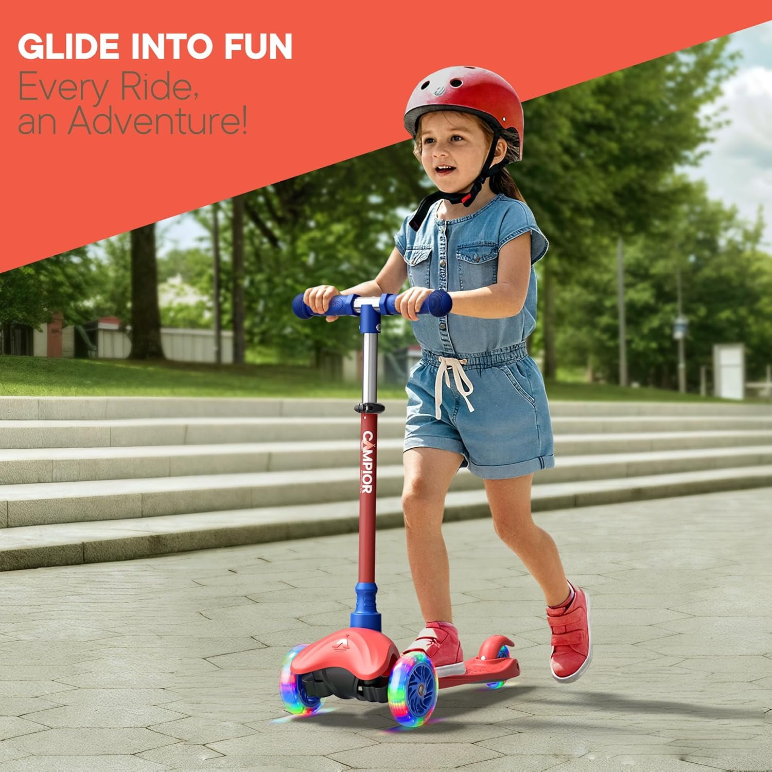 Mini 3 Wheel Kids Scooter with LED Wheels, Adjustable Handlebar, Wide Anti-Slip Deck, Smooth PU Wheels, Rear Foot Brake, Toddler Scooter for Ages 2+, Red & Blue