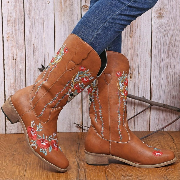 Nuevas botas de tubo medio de gran tamaño Botas de mujer casuales con tacón de cuña bordado Wmkox8yii sa2354
