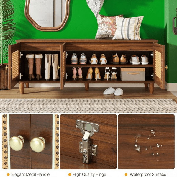 AsterOutdoor 3 Rattan Doors Shoe Storage Bench Engineered Wood, Holds 10 pairs