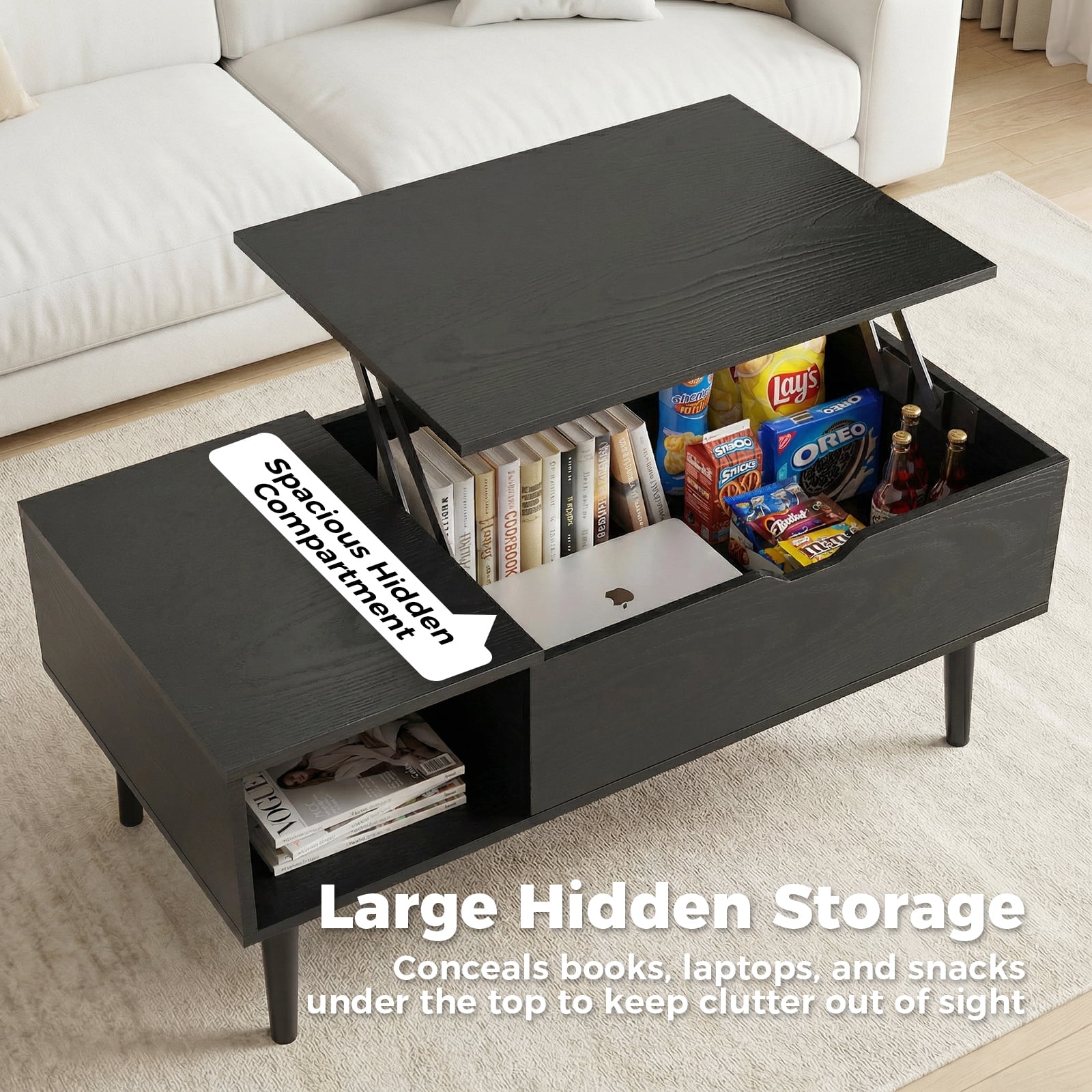 Alvantor Lift Top Coffee Table with Storage, Modern Lift-Up Design Hidden Compartment, Brown/Black