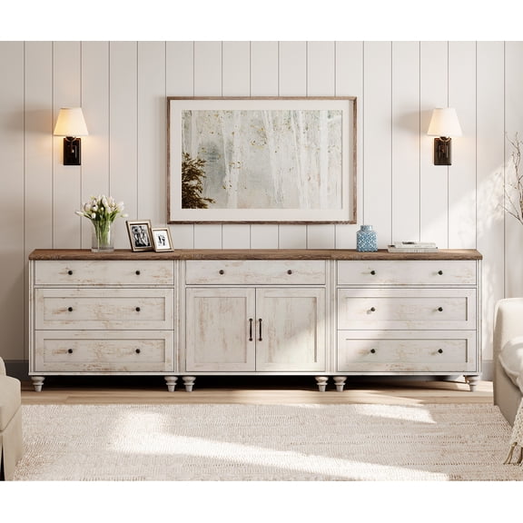 WAMPAT  Morden Sideboard Cabinet with 7 Drawers and 2 Doors, Vintage Wood Grain Design, Farmhouse Coffee Bar with Storage, Buffet Cabinet for Dinning Room, 101 inch, Rustic White