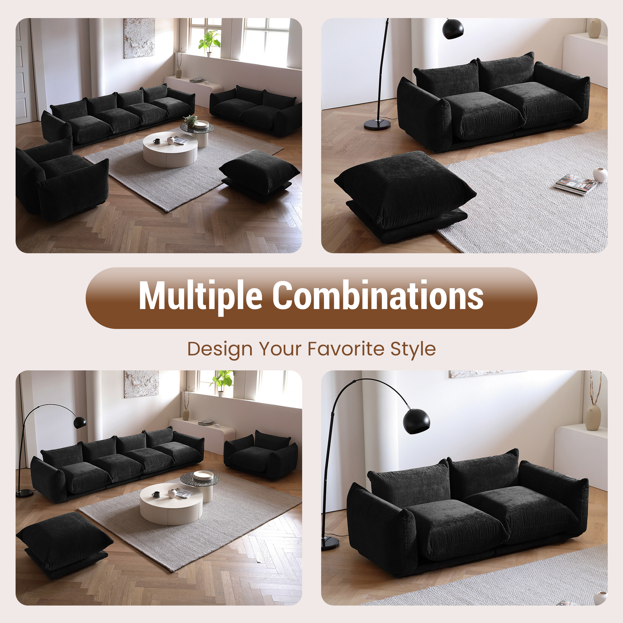 Magic Home Modular Sectional Sofa Floor sofa Foam Couch L-Shaped Sofa Chenille Couch Single Sofa Sectional Couch for Living Room,Black