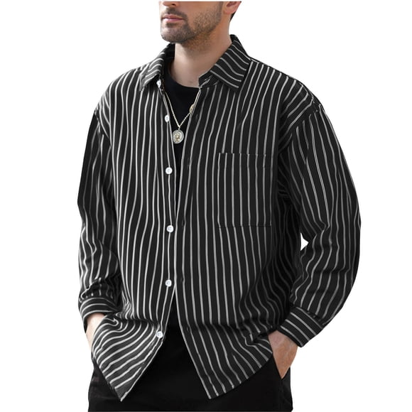 WRKEKC Men's Striped Button Front Cardigan Lapel Collar Long Sleeve Shirt Jacket Soft Brushed Flannel for Layered Office Casual and Comfortable Wear Black XL