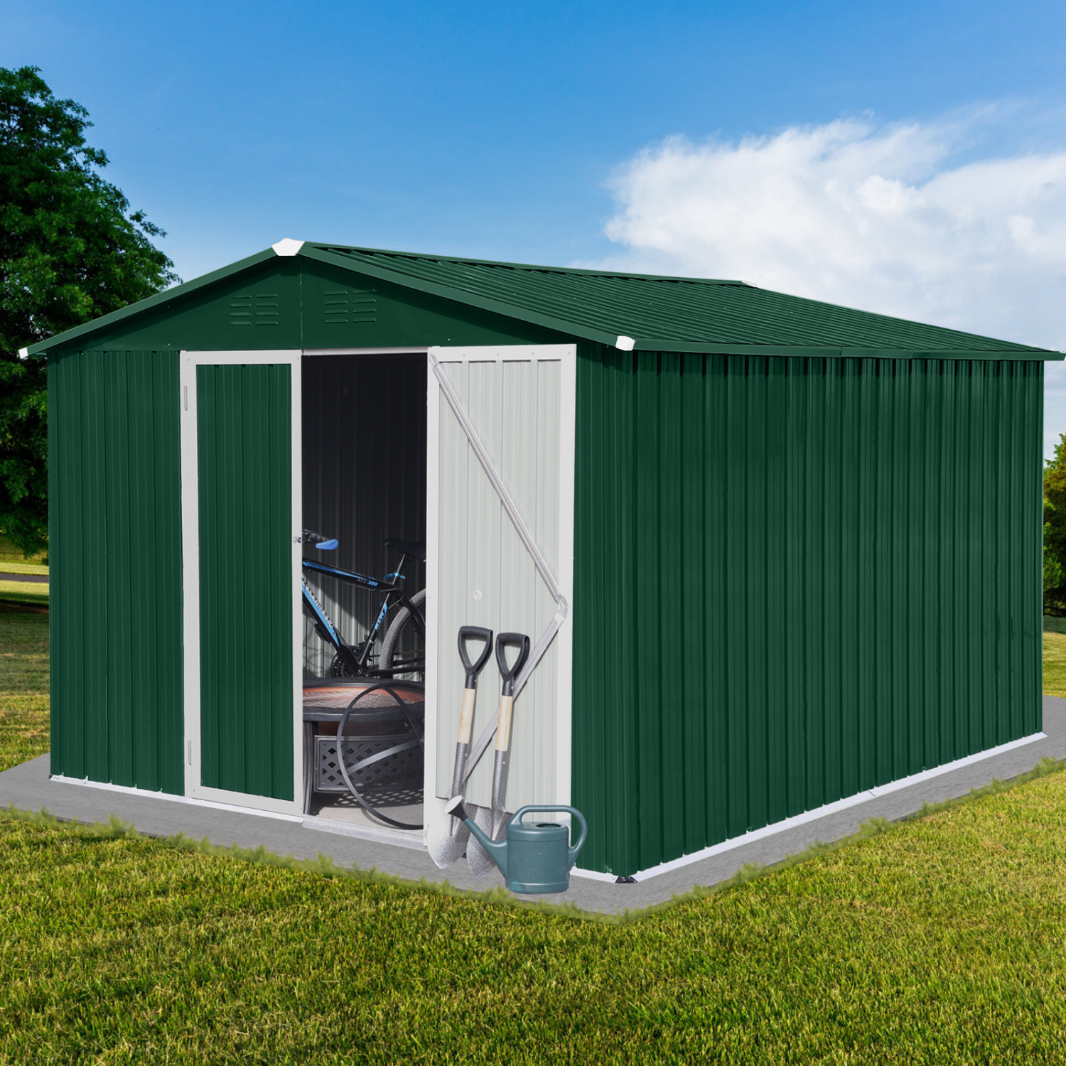 LoLado 10x8 FT Outdoor Metal Storage Sheds, Garden Sheds Waterproof with Lockable Doors, for Backyard, Lawn, Green+White