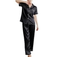 thumbnail image 5 of Women's Satin Pajama Set 2 Piece Short Sleeve Shirt Pants Lounge Set Sleepwear Silk Summer Fall Lightweight Pjs Silk Button Down Pajamas Soft Summer Fall Black 14, 5 of 5
