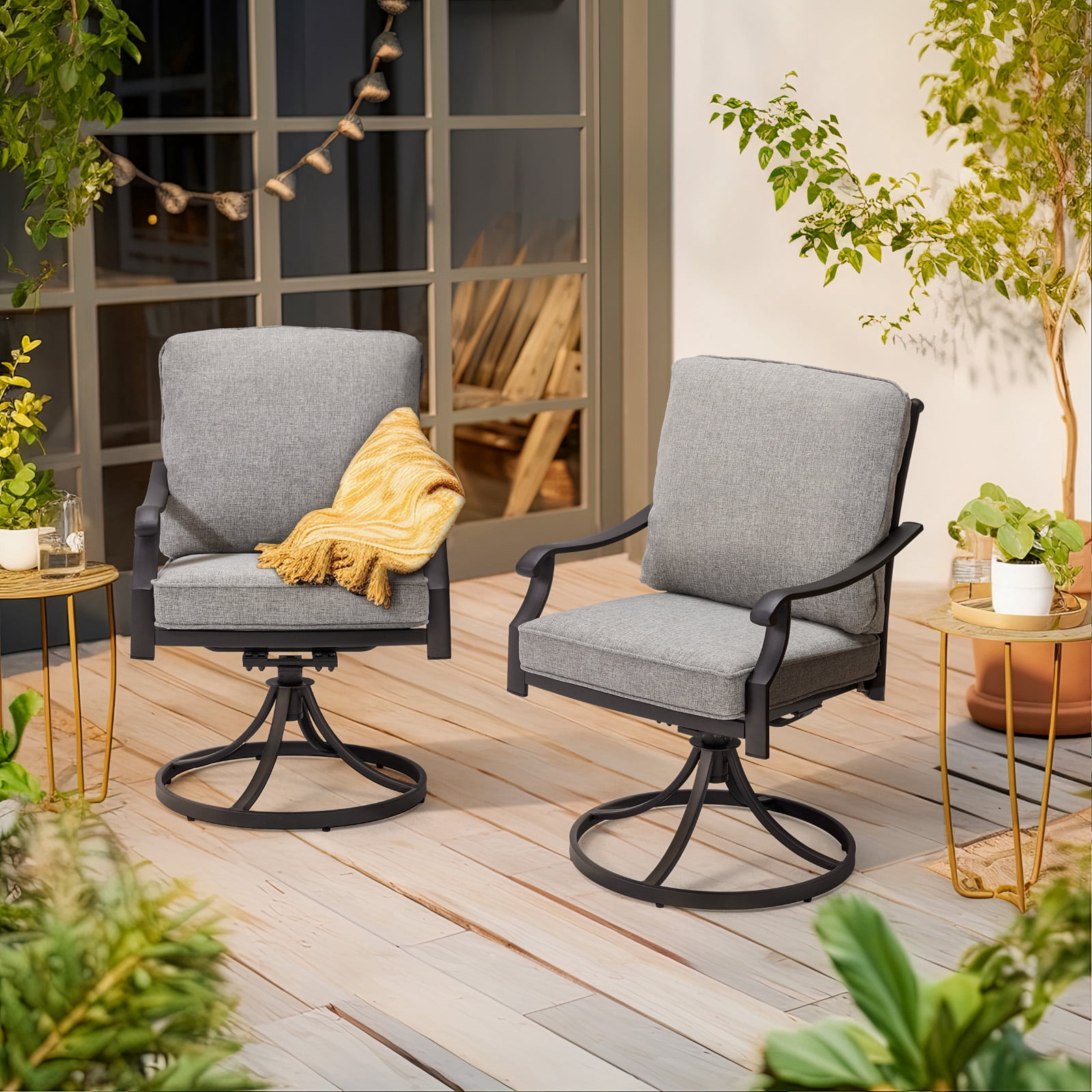 MELLCOM Patio Swivel Chair Set of 2, Heavy Duty Outdoor Dining Chairs with Thickened Cushions, Metal Patio Chairs Gentle Rocker for Outside, Garden Lawn & Porch, Backyard, Grey
