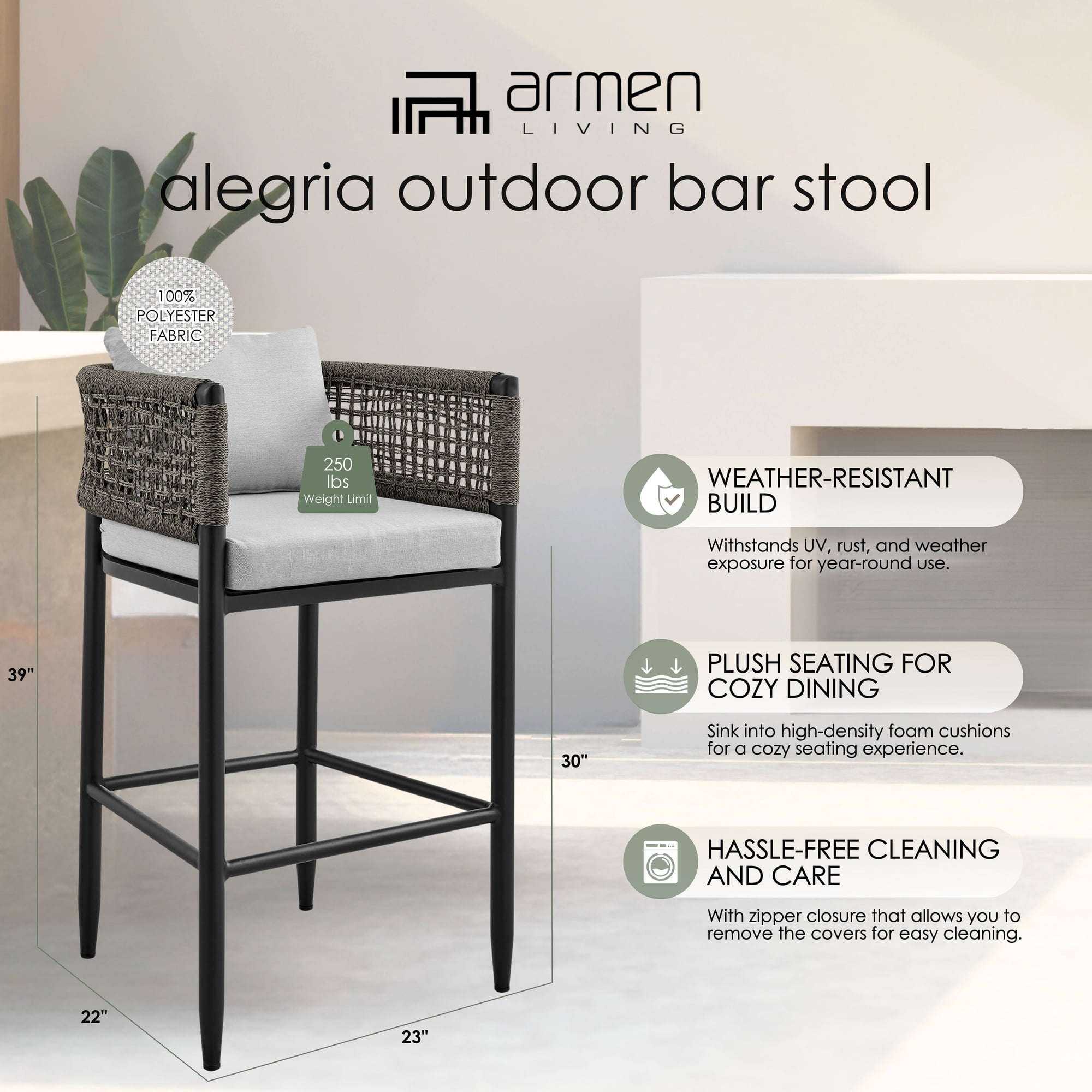 Alegria Outdoor Patio Bar Stool in Aluminum with Gray Rope and Cushions - Set of 2