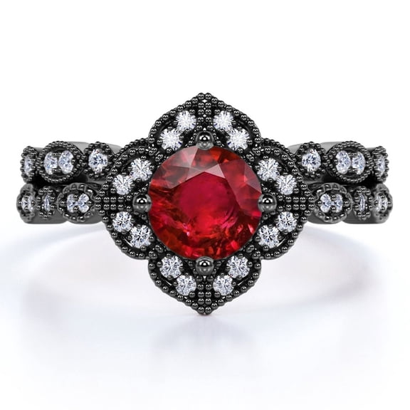 JeenMata 2 Carat Round Burmese Lab Created Ruby Bridal Ring Set - Vintage Ring - Antique Ring - 18k Black Gold over Silver