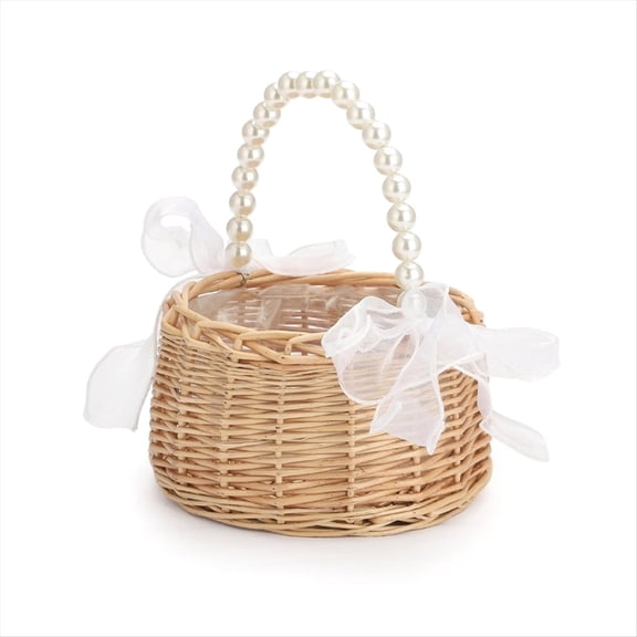 Wicker Flower Girl Basket for Weddings, Rattan Handmade with Handle and Ribbon pwm25