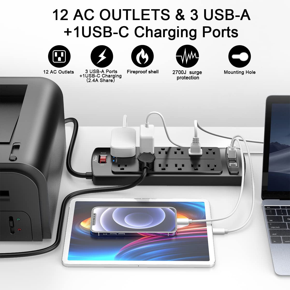 Power Strip  Surge Protector With 12 Outlets And 4 Usb Ports 6 Feet Extension Cord (1875w/15a) 2700 Joules Etl Listed Black