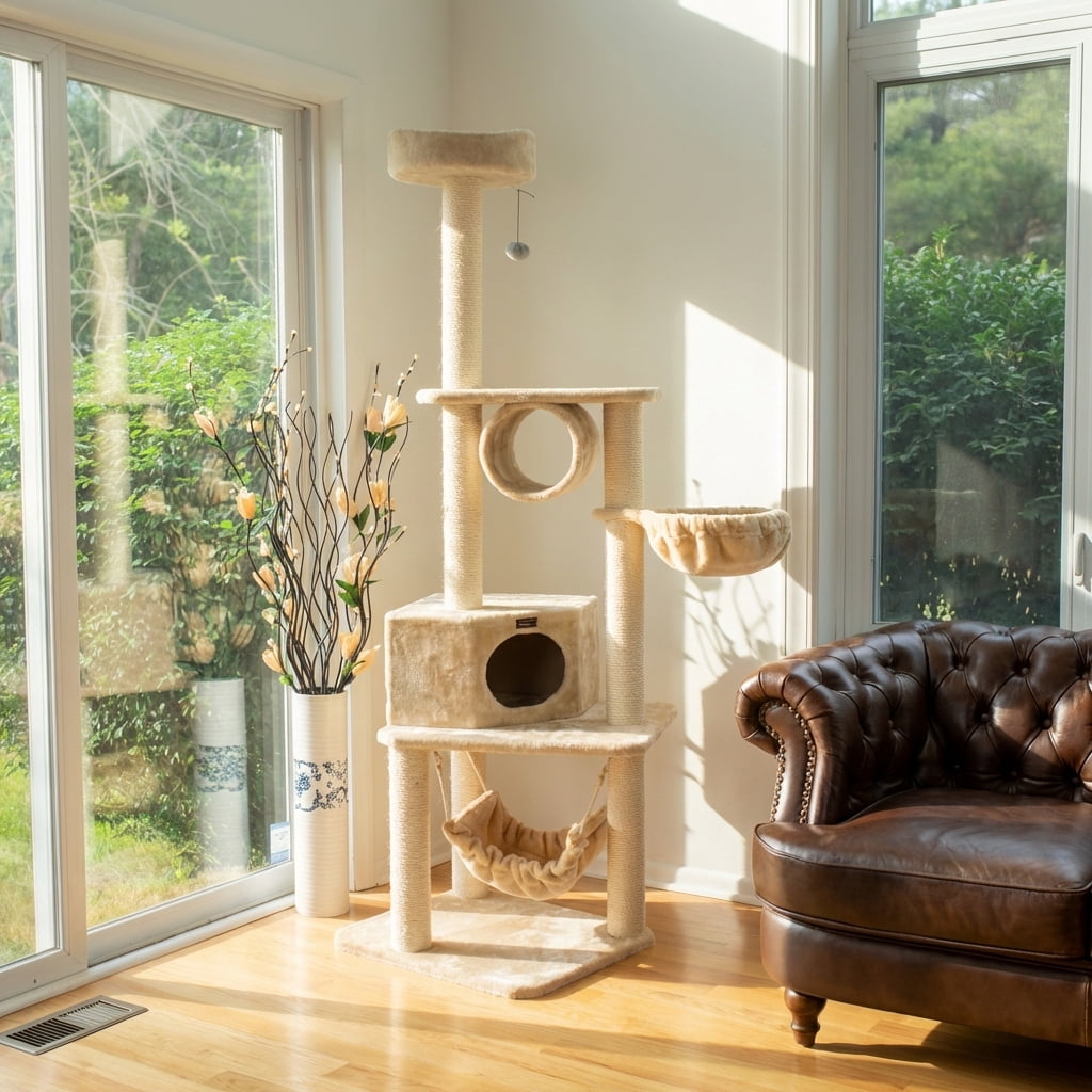 Cat Tree Tower, 72 Inch Tall Activity Center with Cozy Condo, Deep Hammock, Sisal Scratching Posts, Top Perch, Beige