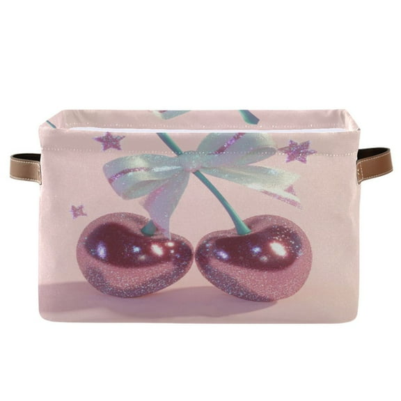 Pink Large Cherries Foldable Storage Basket,Canvas Fabric Foldable Storage Bins with Handles Open Home Storage Bins Boxes for Toy Book Shelf Closet Baskets