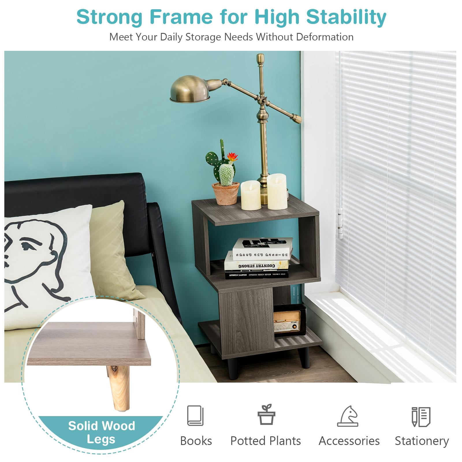 Giantex Set of 2 End Table, Accent Sofa Wood Nightstand, Small Bookcas w/Open Storage Shelves