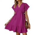 thumbnail image 2 of 2024 Summer Women's Babydoll Dresses Short Sleeve V Neck Drawstring Casual Solid Ruffle A-Line Swing Mini Dress, 2 of 8