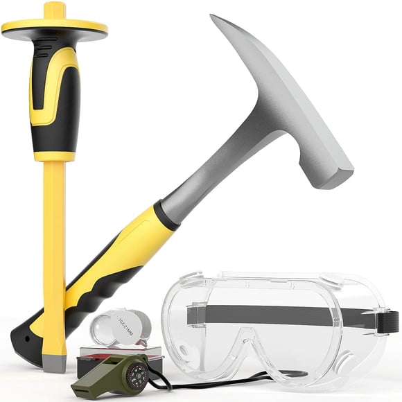 INCLY 5 PCS Geology Rock Pick Equipment Kit, 32 oz Rock Hammer with 12" Mason Concrete Chisel, Jewelers loupe, Summer Outdoor Camping Tool