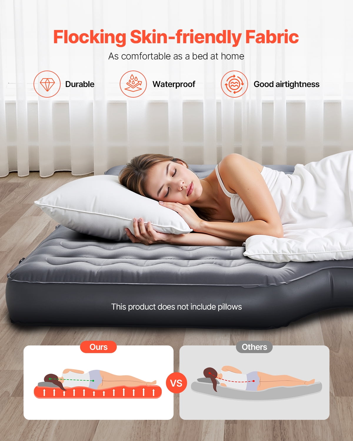 VEVOR Car Air Mattress, Inflatable Car Camping Mattress, Oxford Thickened Travel Beds, Comfortable and Durable Portable Sleeping Pad with Air Pump, Nozzle, Carry Bag, Fits Most SUV MPV Sedan, Gray
